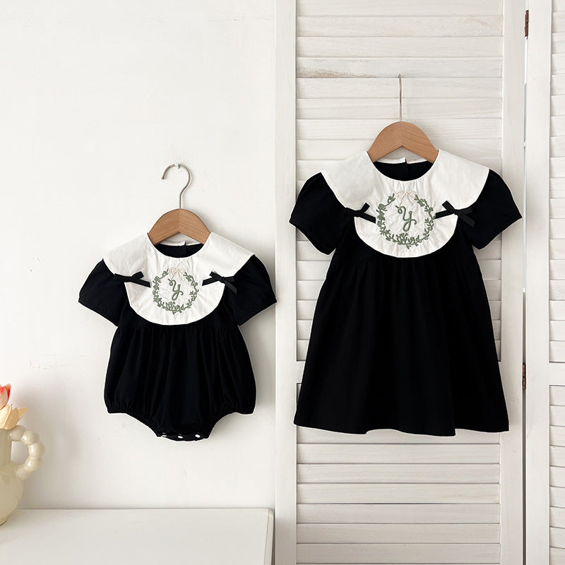 Summer Baby Girls French-style Wreath Embroidery Pattern Short-sleeved Onesies and Dress – Princess Sister Matching