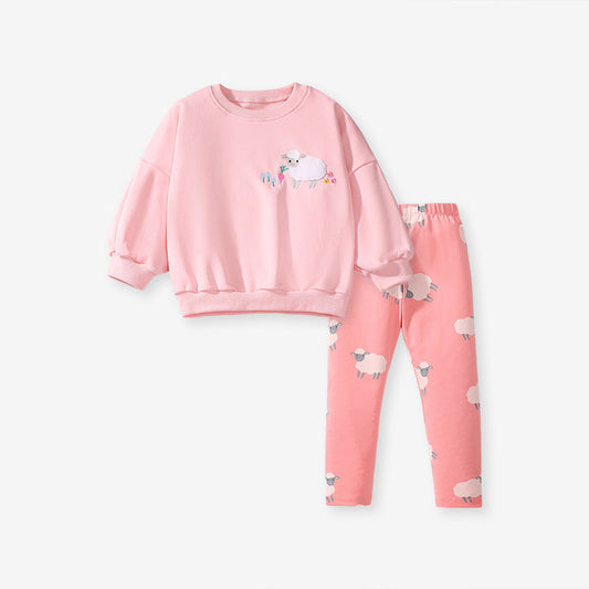 Spring And Autumn Girls Cute Sheep Cartoon Pattern Long Sleeves Top Sweatshirt And Pants Clothing Set