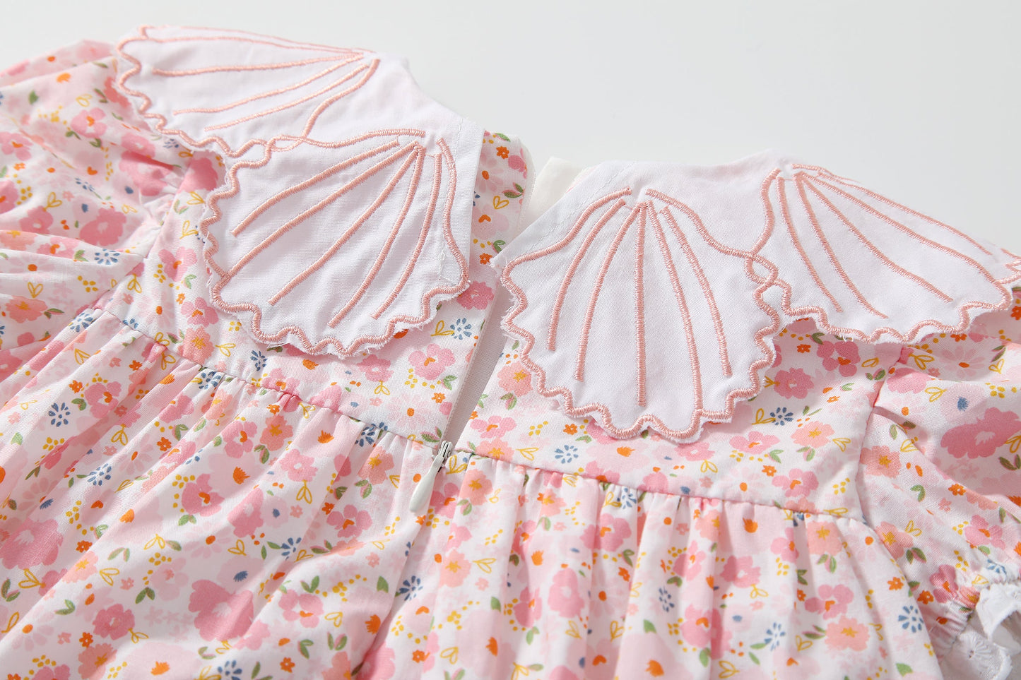 Baby Girl Short-Sleeved Floral Print Shell Shape Collar Pattern A Version Dress