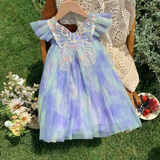 Summer Baby Kids Girls Gradient Fly Sleeves Butterfly Design Mesh Princess Dress