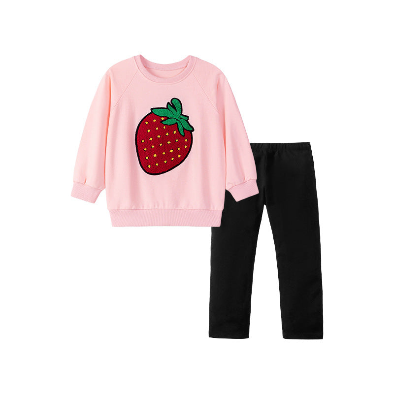 Spring and Autumn Girls Strawberry Pattern Long Sleeves Sweatshirt and Plain Pants Clothing Set