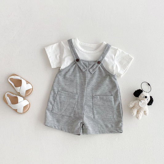 Summer Hot Selling Baby Kids Unisex Sleeveless Pocketed Grey Strap Overalls and White T-Shirt Clothing Set