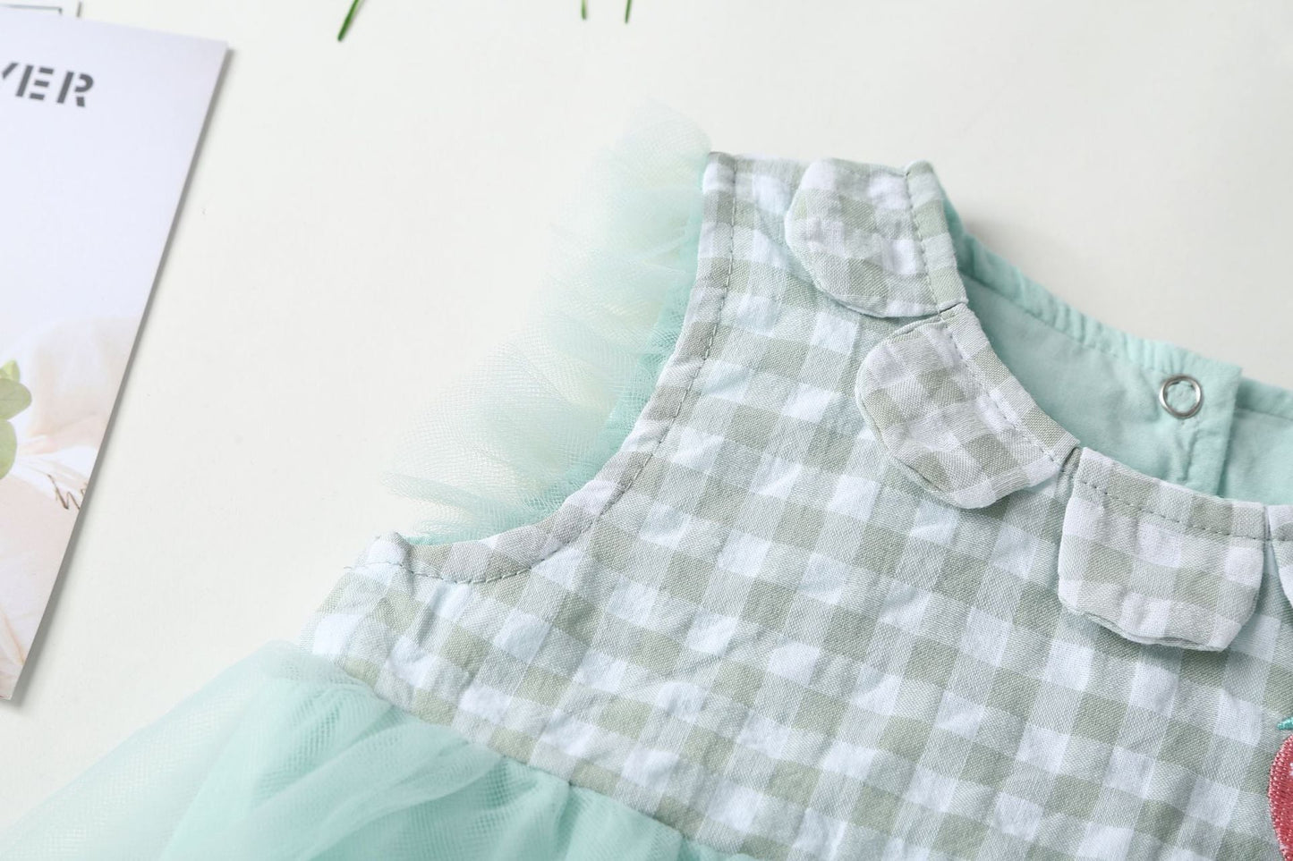 Baby Girl Plaid Graphic Strawberry Embroidery Mesh Overlay Floral Neck Dress