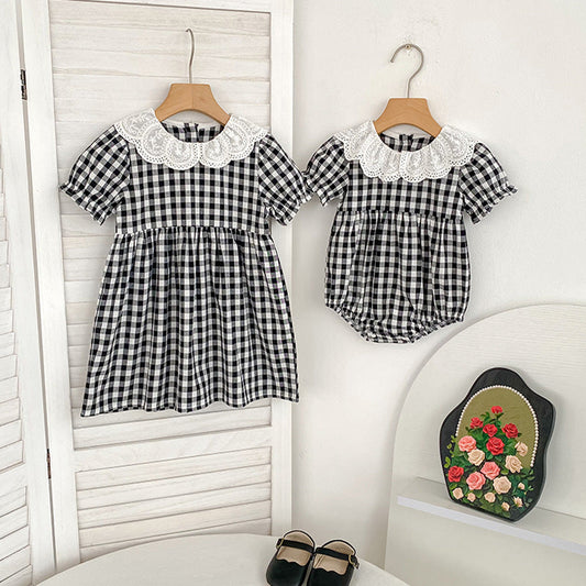 Summer Girls Simple Plaid Pattern Short Sleeves Onesies and Girls’ Dress – Princess Sister Matching