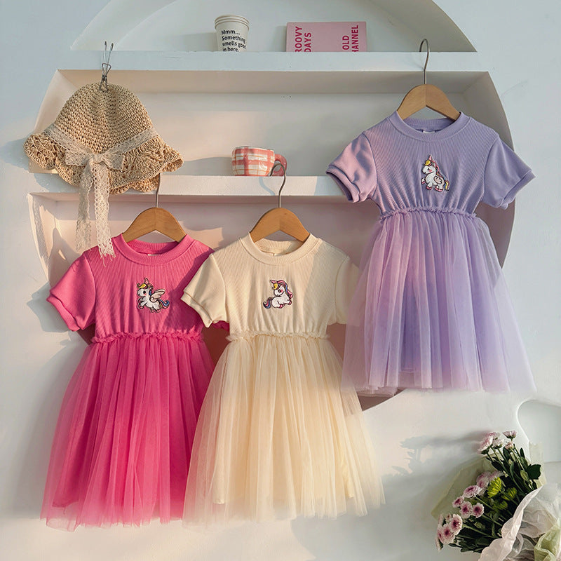 Summer Baby Kids Girls Short-Sleeved Cartoon Unicorn Pattern Mesh Patchwork Dress