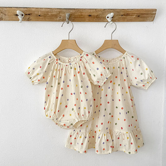 Summer Girls Coloful Dots Pattern Short Sleeves Onesies and Girls’ Dress – Princess Sister Matching Set