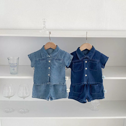 Summer Hot Selling Baby Kids Boys Short Sleeves Denim Single Breasted Top and Shorts Clothing Set