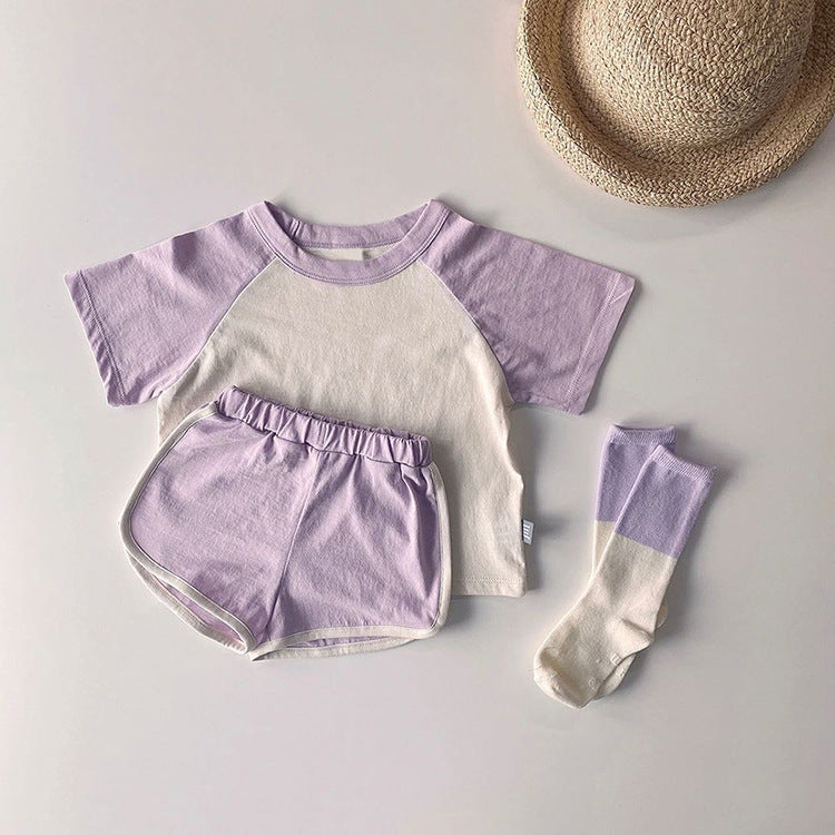 Baby Boys And Girls Color Patchwork Design Round Neck Short-Sleeved Top Combo Shorts Summer Cotton Sets