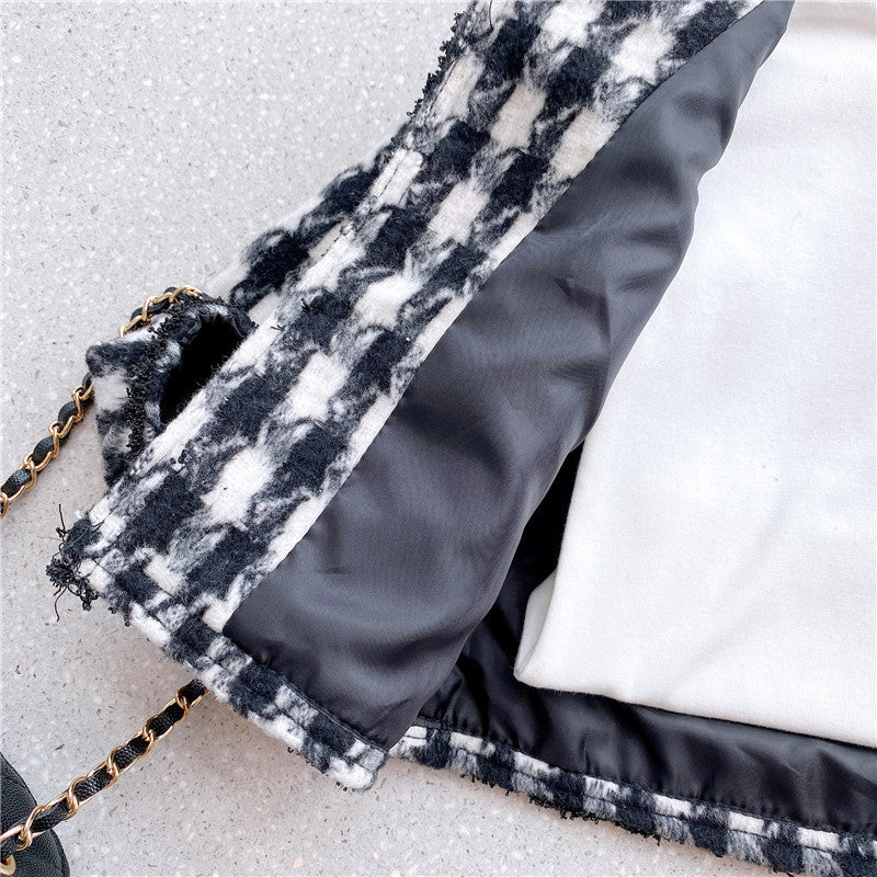 Girls Houndstooth Pattern Single Breasted Cardigan&Skirt Elegant Style Sets