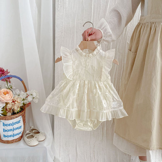 Summer Arrival Baby Girls Cute Solid Color Floral Embroidery Fly Sleeves Dress Design Onesies