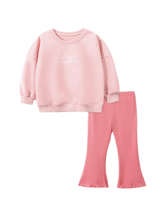 Spring Baby Kids Girls Letters Embroidery Long Sleeves Pullover And Solid Flared Pants Clothing Set