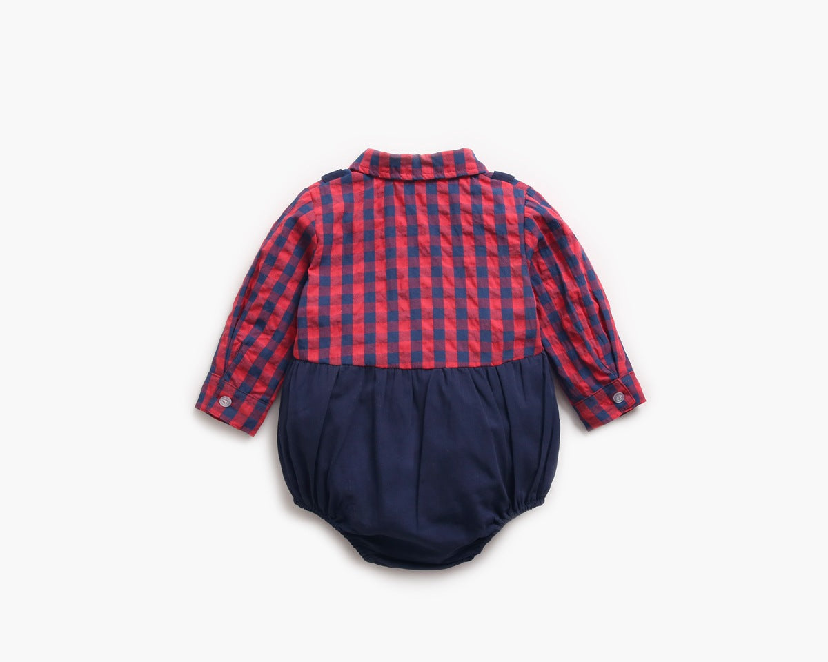 Baby Boy Plaid Pattern False One Pieces Design Lapel Bodysuit Onesies