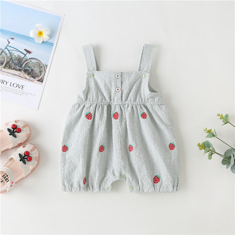 Baby Girl Plaid Graphic Strawberries Embroidery Snap Button Jumpsuit & Solid Tee Sets