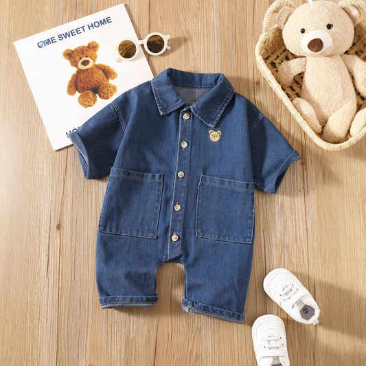 Autumn and Spring Arrival Baby Casual Pocketed Denim Rompers with Turn-down Collar