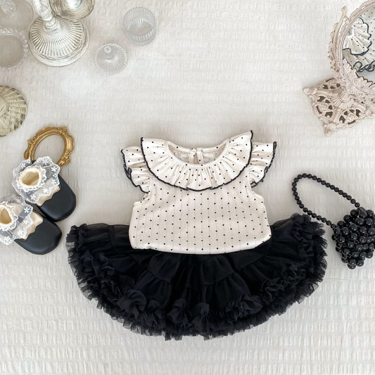 Summer Baby Kids Dots Pattern Fly Sleeves Top Vest with Black Skirt Clothing Set for Girls