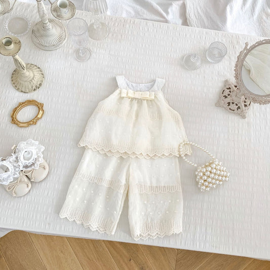 Summer Baby Kids Solid Color Sleeveless Dots Embroidery Pattern Top Dress and Pants Clothing Set for Girls