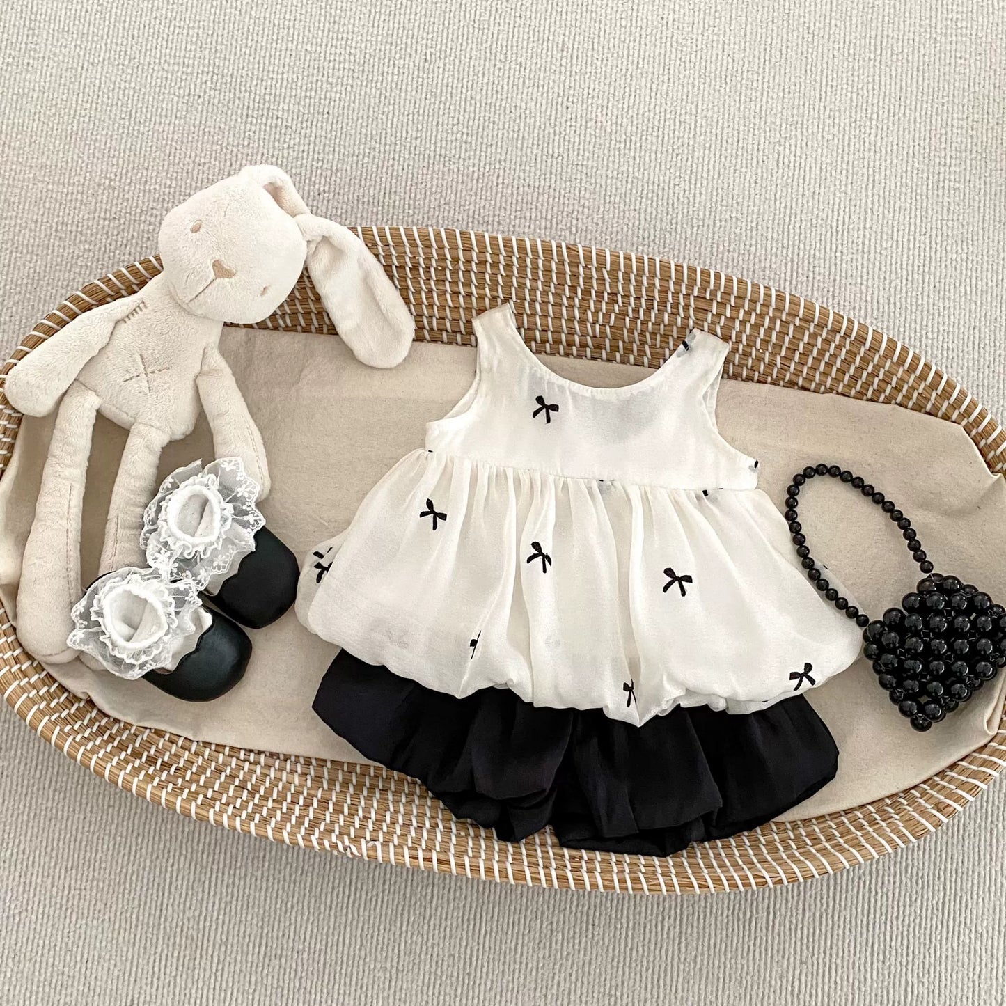 Summer Baby Kids Girls Butterfly-bows Pattern Sleeveless Top and Plain Shorts Clothing Set