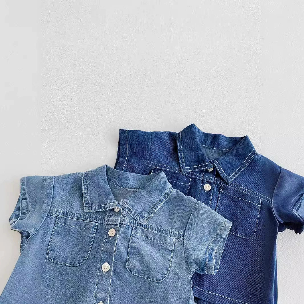 Summer Hot Selling Baby Kids Boys Short Sleeves Denim Single Breasted Top and Shorts Clothing Set