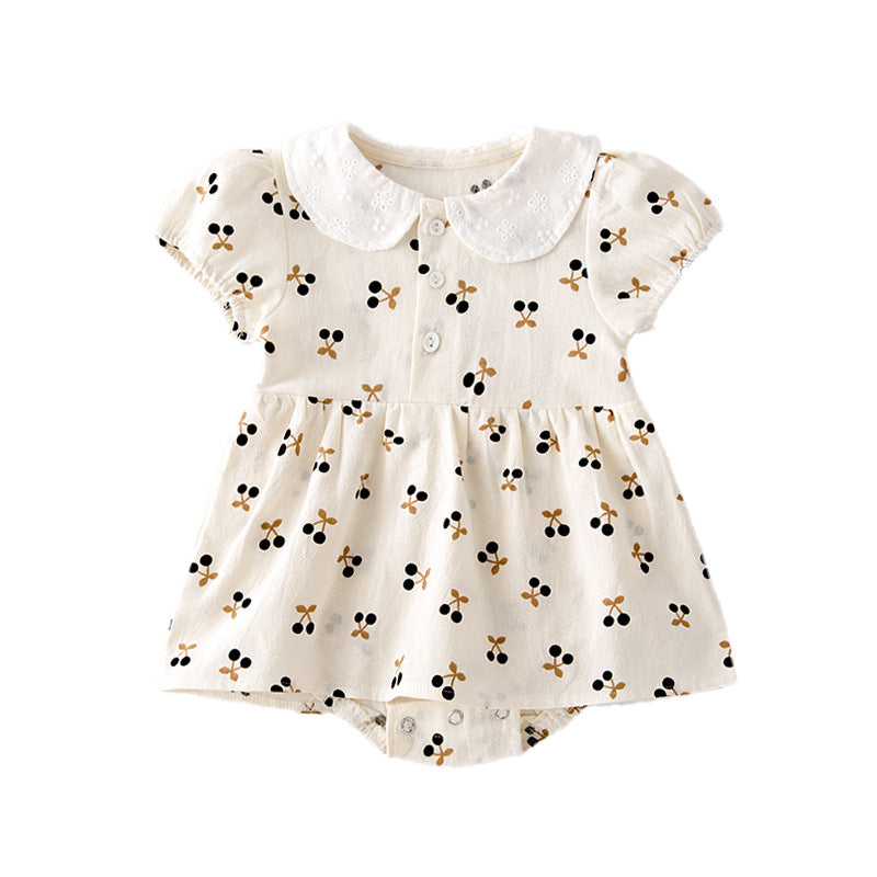 Baby Girls Cherry Print Doll Collar Design Neck Buttoned Puff-Sleeved Dress Onesies