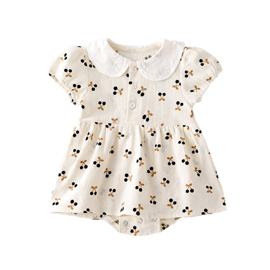 Baby Girls Cherry Print Doll Collar Design Neck Buttoned Puff-Sleeved Dress Onesies