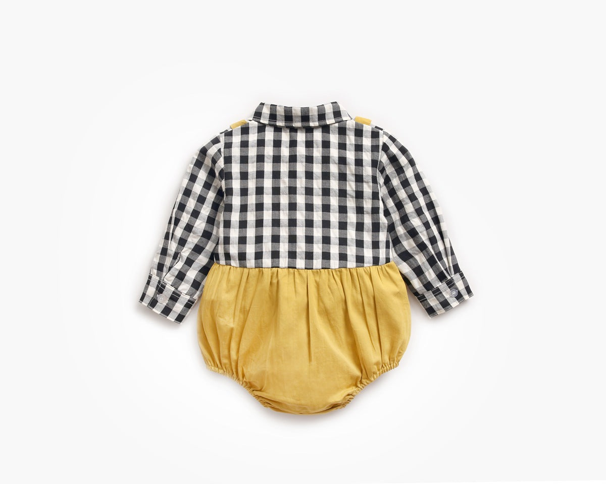 Baby Boy Plaid Pattern False One Pieces Design Lapel Bodysuit Onesies