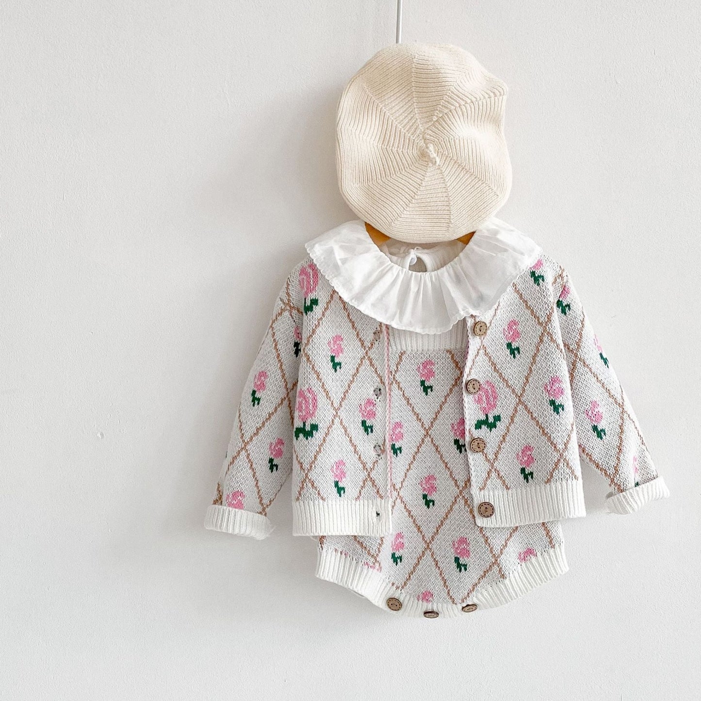 Baby Girl Allover Roses Embroidered Graphic Crotch Bodysuit & Cardigan Handmade Knitted Sets