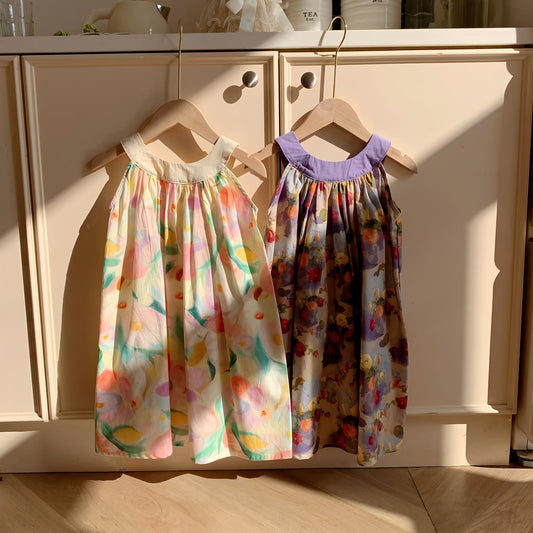 Summer Arrival Baby Kids Girls Cute Sleeveless Oil-Painting Flowers Pattern Printed Dress