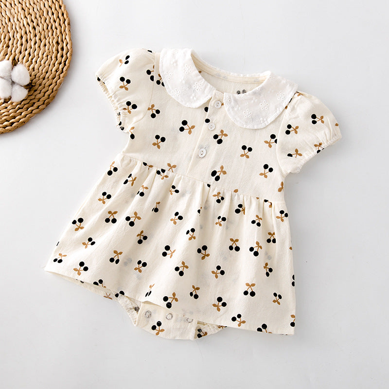 Baby Girls Cherry Print Doll Collar Design Neck Buttoned Puff-Sleeved Dress Onesies