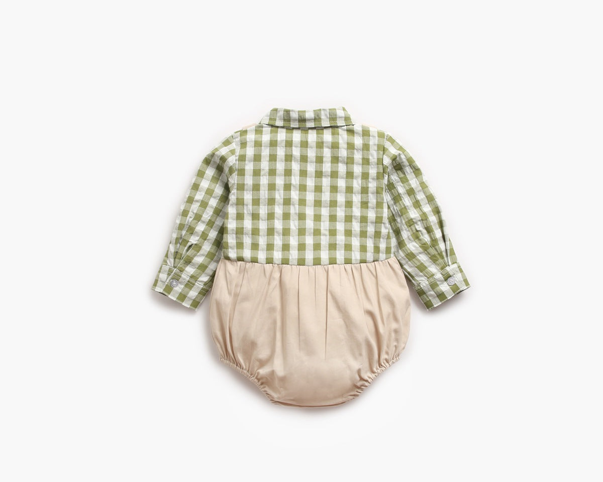 Baby Boy Plaid Pattern False One Pieces Design Lapel Bodysuit Onesies