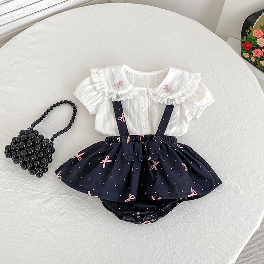 Summer Hot Selling Baby Kids Girls Sleeveless Dots Pattern Strap Onesies Overalls and Beige T-Shirt Clothing Set