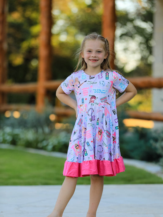 Purple TS Print Ruffle Girls' Short Sleeve Christmas Dress