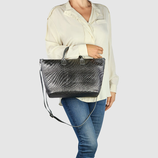 Grid Metallic Suede Leather Top-Handle Bag