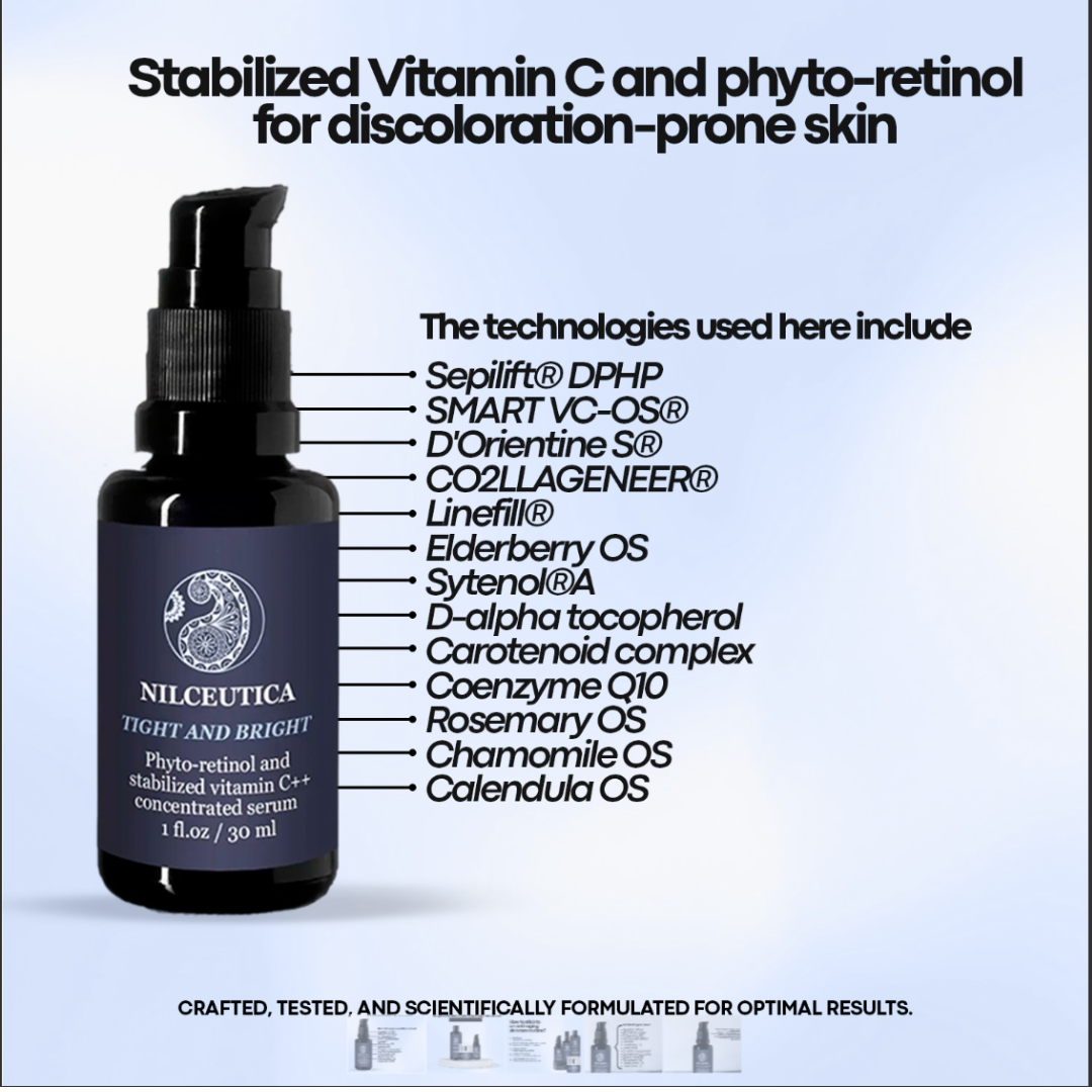 TIGHT AND BRIGHT, an Advanced Gentle Phyto-Retinol and Vitamin C Serum, 12 Innovative Technologies, 55% High-Performance Cosmeceuticals