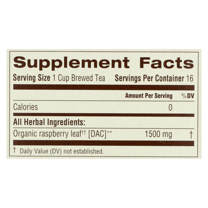 Organic Raspberry Leaf Herbal Tea - 16 Bags, Case of 6
