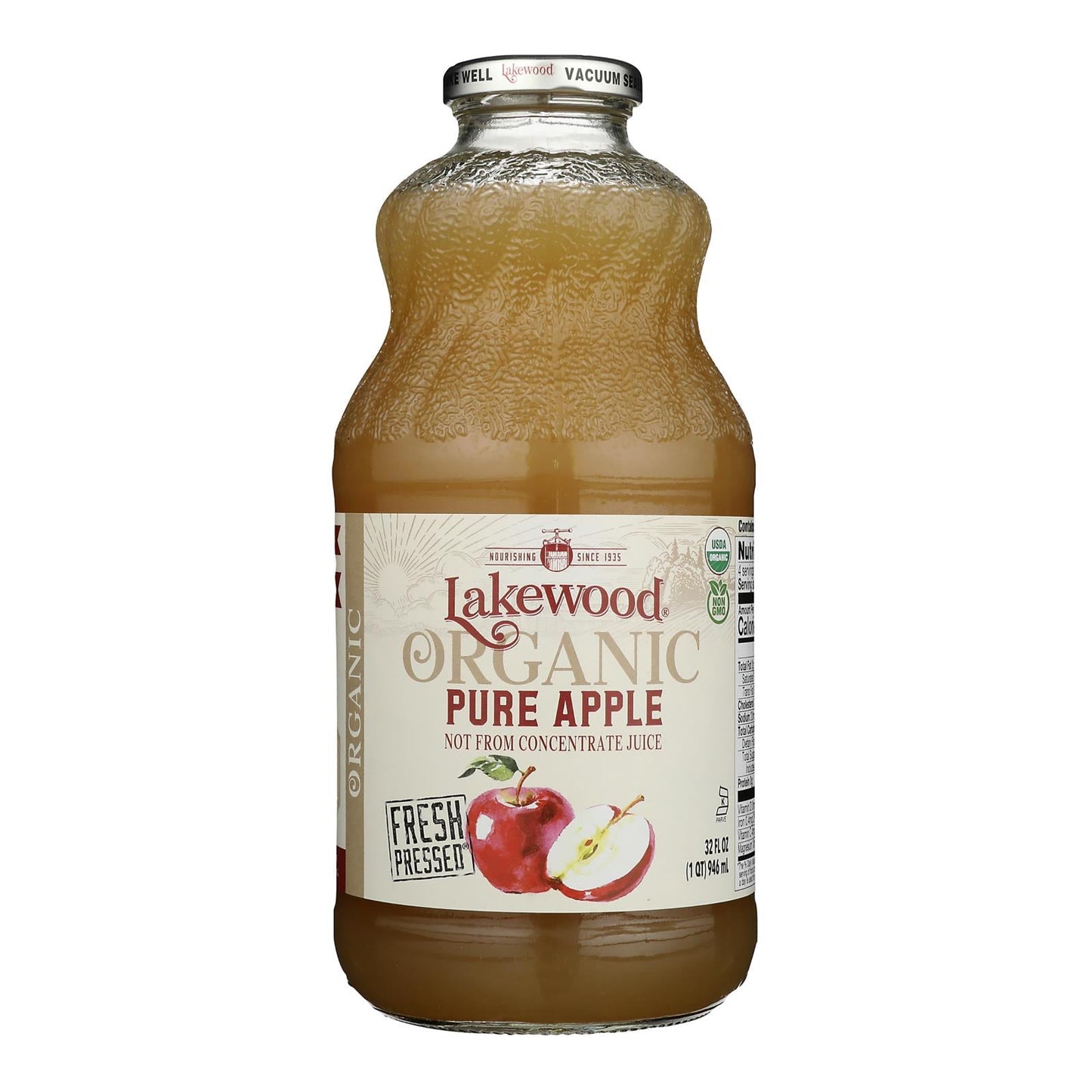Lakewood Organic Pure Apple Juice, 32 fl oz, 6-Pack