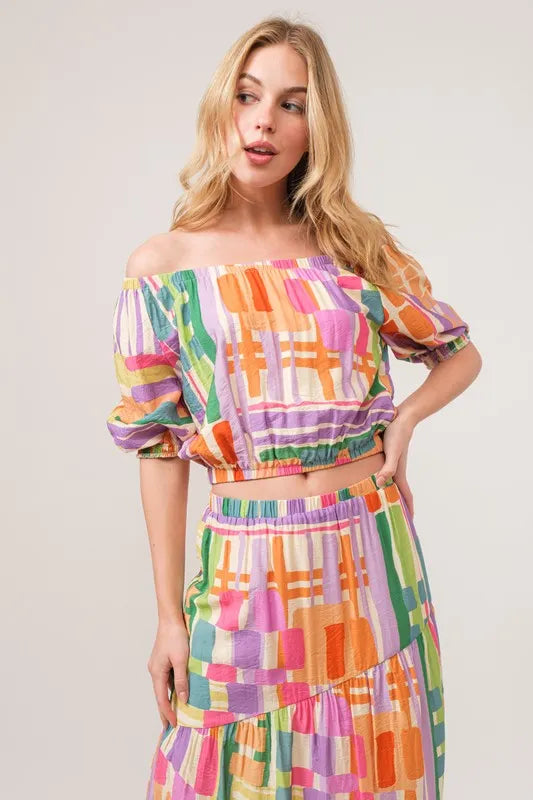 And The Why Puff Sleeve Elastic Edges Geo Printed Crop Top