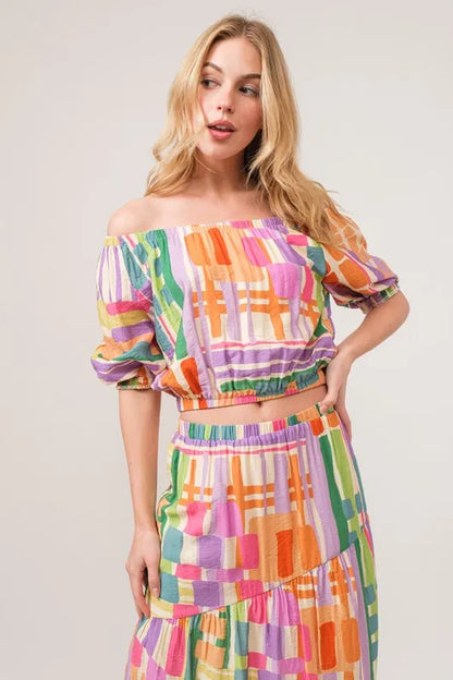 And The Why Puff Sleeve Elastic Edges Geo Printed Crop Top