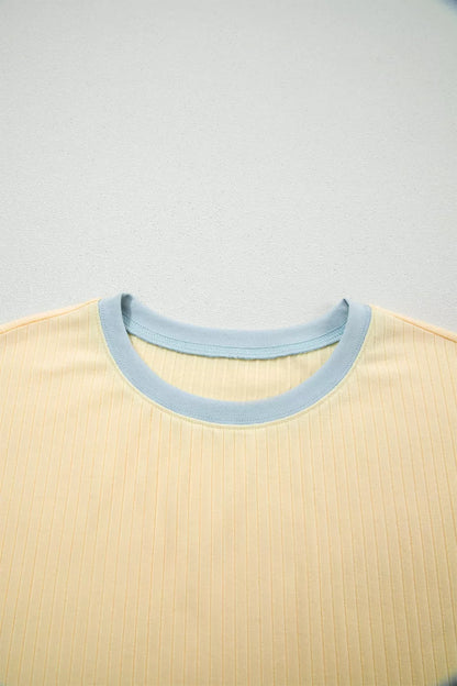 Soft Ribbed Color Block Trim Casual Short Set
