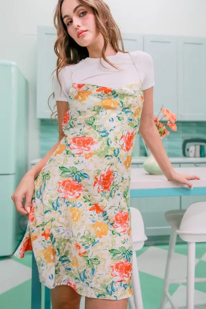 HYFVE Floral Cowl Neck Flirty Satin Mini Dress