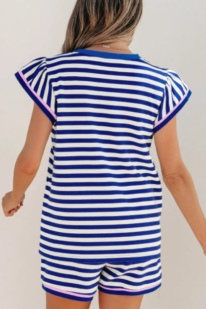 Striped Ruffle Sleeve Top and Shorts Set