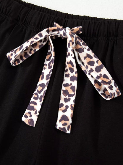 k Leopard Patchwork Trim Lapel Shirt Drawstring Shorts 2pcs Pajama Set
