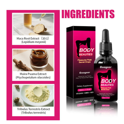 Body Beauties Pleasures Peak Secret Drops, Maca Root & Tribulus Extract Oral Support Drops For Women, Intimate Comfort & Passion Supplement, 30ml
