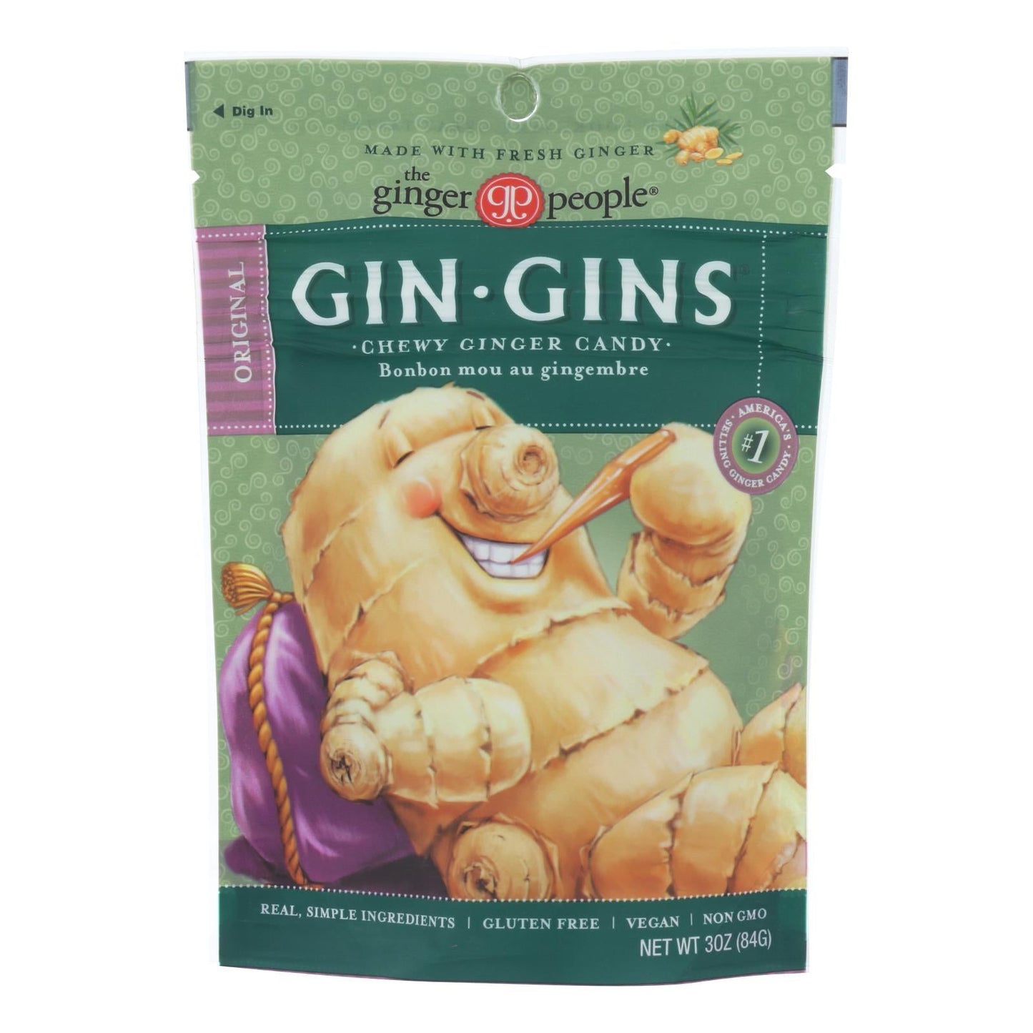 Gin Gins Chewy Ginger Candy, Original, Case of 12, 3 oz