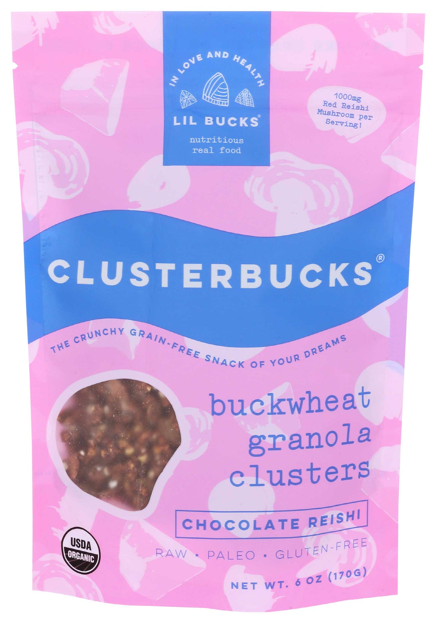 Lil Bucks - Organic Buckwheat Clusters, Chocolate & Reishi, 6 oz (Pack of 6) - Grain-Free Superfood
