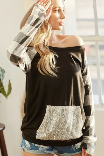 BiBi French Terry Top with Sequins Kangaroo Pocket