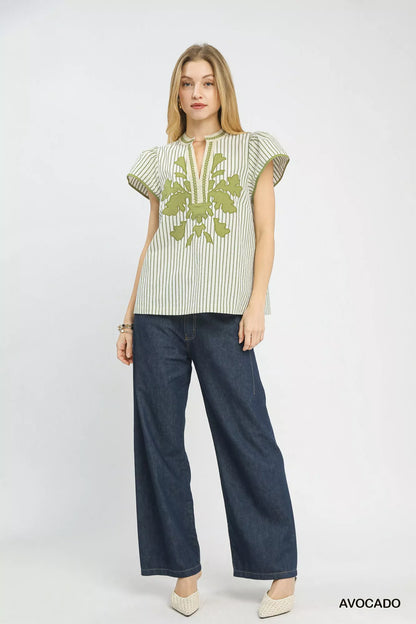 Umgee V-Neck Stripe Top with Lace Trim