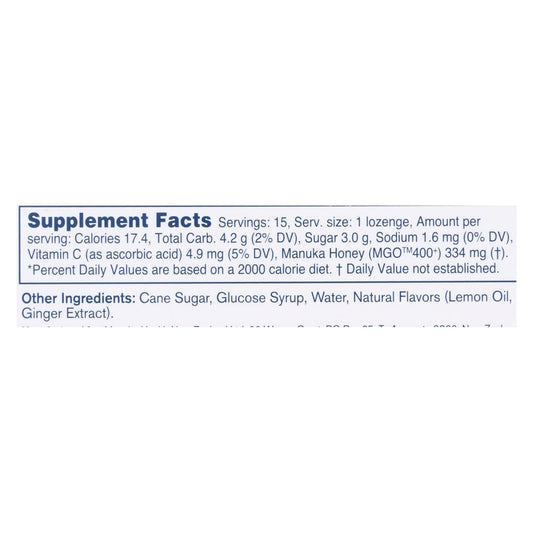 Manuka Health MGO 400+ Honey Lemon Ginger Lozenges 15 Ct