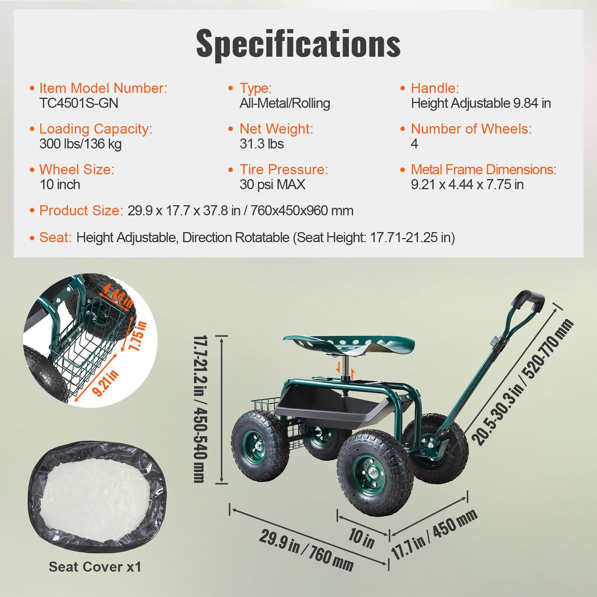 VEVOR Garden Cart Rolling Workseat With Wheels, Gardening Stool For Planting, 360 Degree Swivel Seat, Wagon Scooter With Steering Handle & Utility Tool Tray, Use For Patio, Yard, And Outdoors, Green