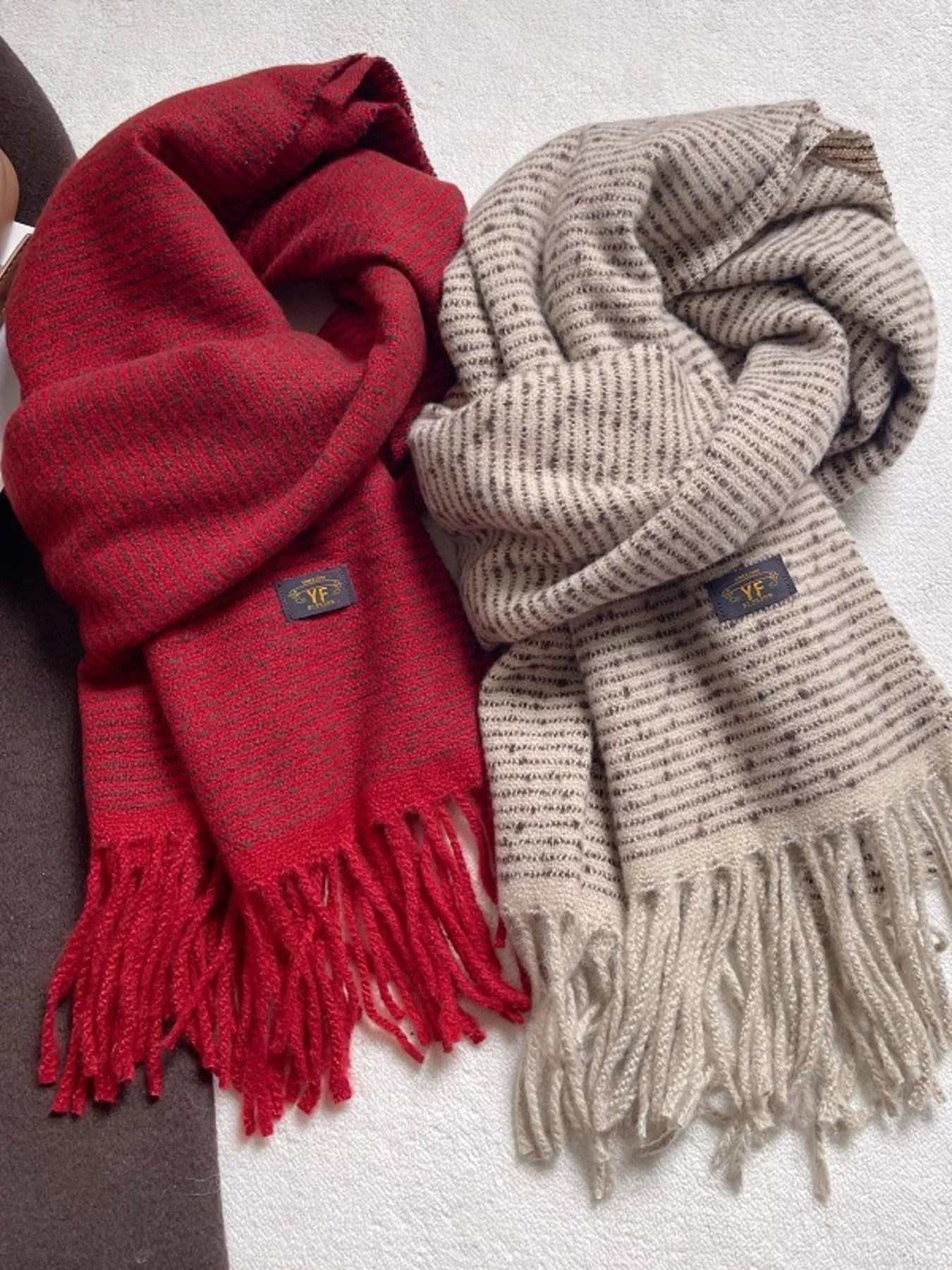 Warm Striped Tassel Scarf