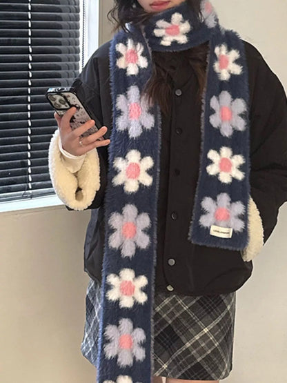 Floral Fuzzy Knit Scarf